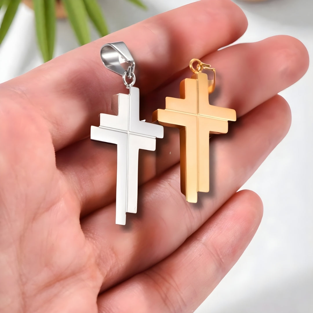 Collier homme pendentif croix IRREGULIERE JUMELEE argent  doree main