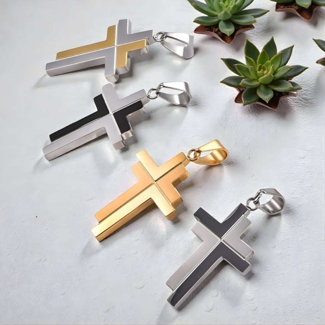 Collier homme pendentif croix IRREGULIERE JUMELEE argent doree noir argent cercle succulentes