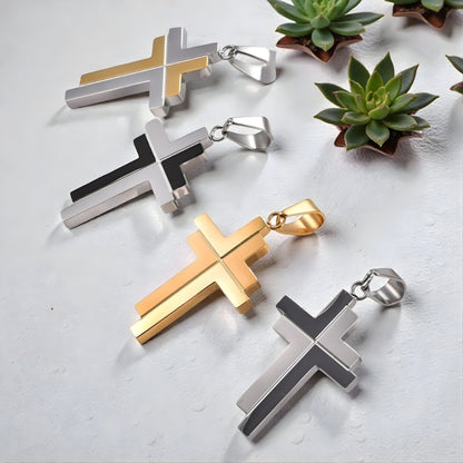 Collier homme pendentif croix IRREGULIERE JUMELEE argent doree noir argent cercle succulentes
