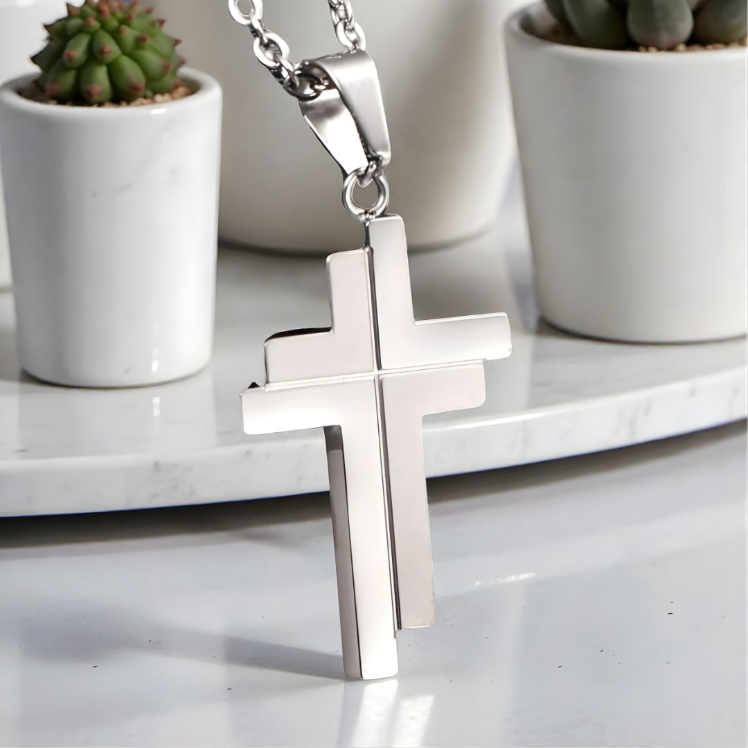 Collier homme pendentif croix IRREGULIERE JUMELEE variante argent  