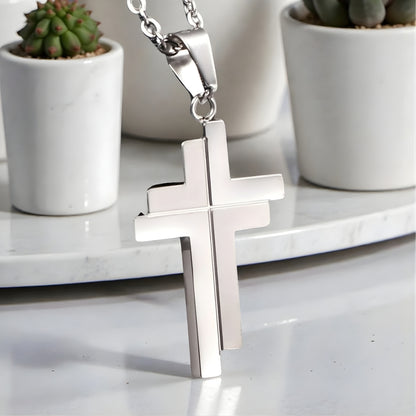 Collier homme pendentif croix IRREGULIERE JUMELEE variante argent  