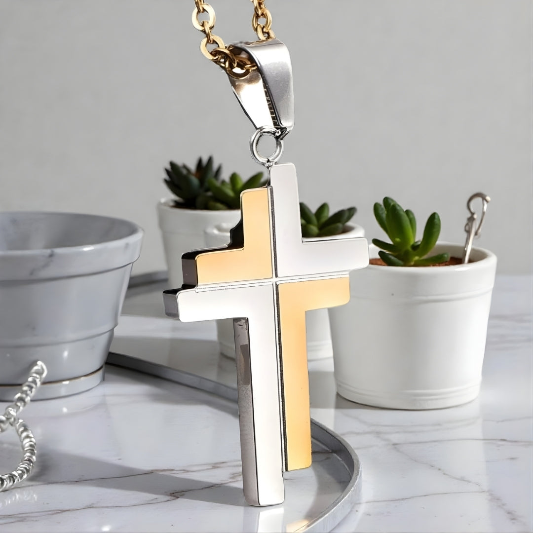 Collier homme pendentif croix IRREGULIERE JUMELEE variante argent  doré