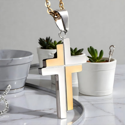 Collier homme pendentif croix IRREGULIERE JUMELEE variante argent  doré