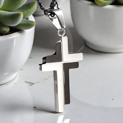 Collier homme pendentif croix IRREGULIERE JUMELEE variante argent  noir