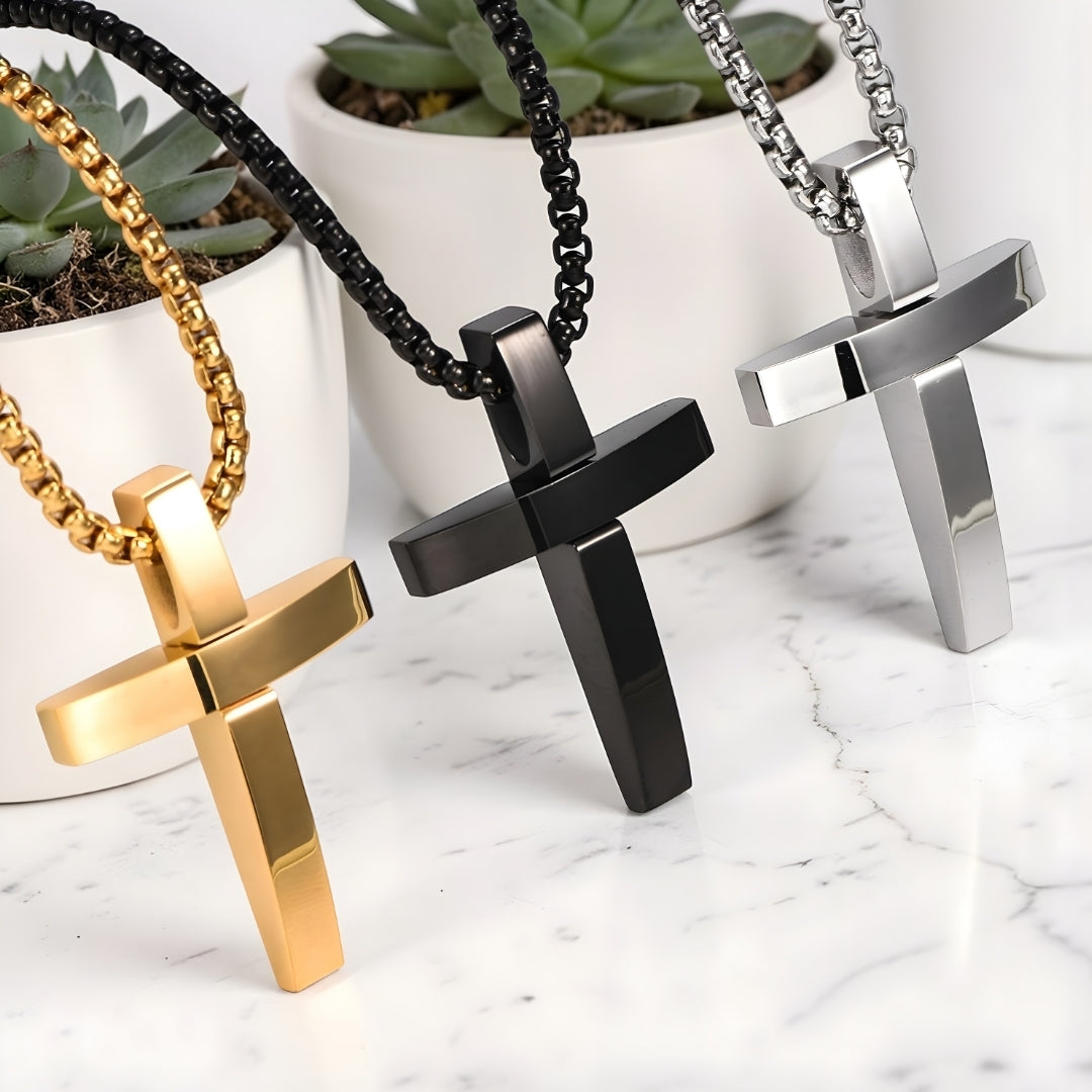 Collier homme pendentif croix L'Absolu incurvée argent noir dore pots blancs