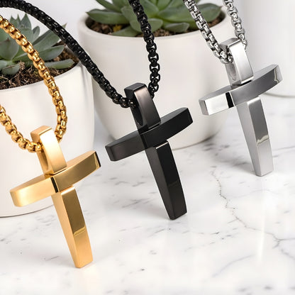 Collier homme pendentif croix L'Absolu incurvée argent noir dore pots blancs