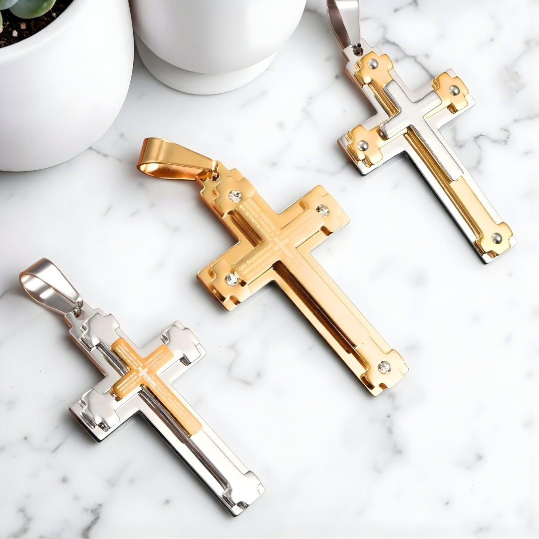 Collier homme, pendentif croix L'Architecte de Foi argent dore bicolore table marbre angle sans chaine