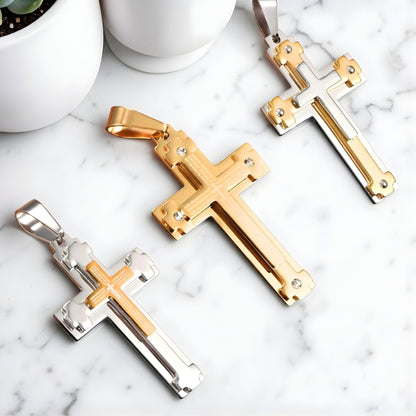 Collier homme, pendentif croix L'Architecte de Foi argent dore bicolore table marbre angle sans chaine