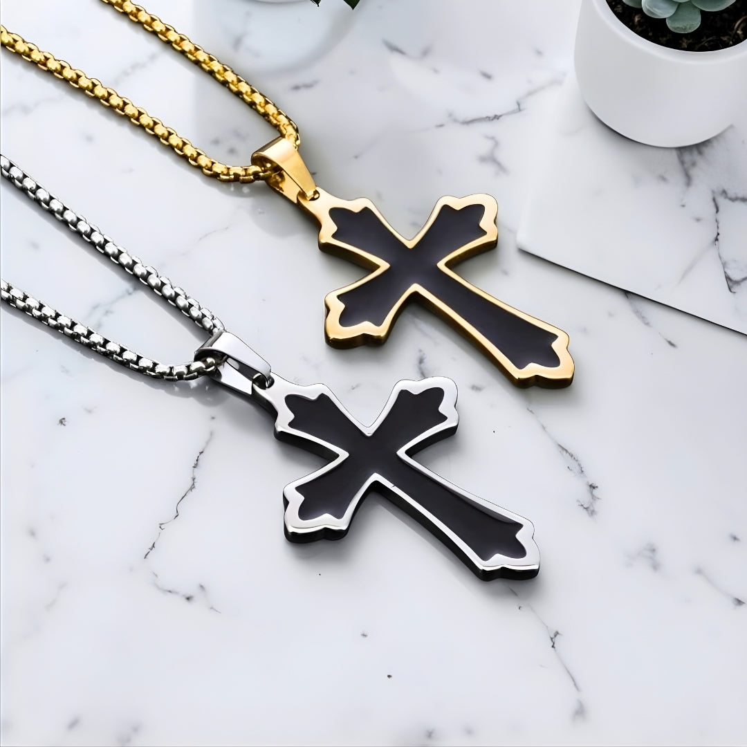 Collier homme, pendentif croix "L'Héritage Royal"variantes dore argent table marbre