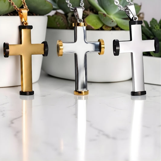 Collier homme, pendentif croix "L'Icone Horizon" trois variantes table marbre plantes