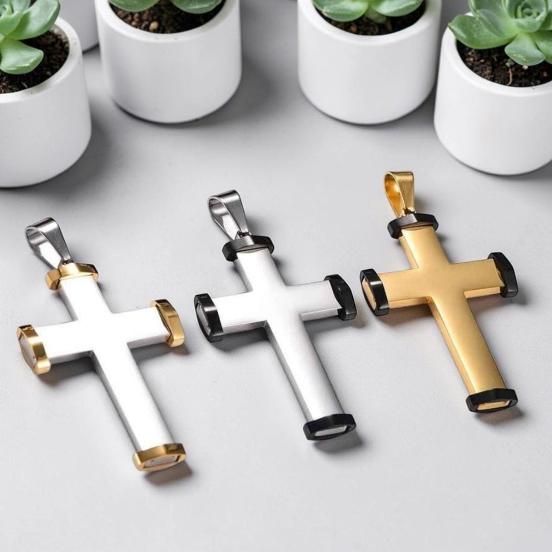 Collier homme, pendentif croix "L'Icone Horizon" variantes table plantes