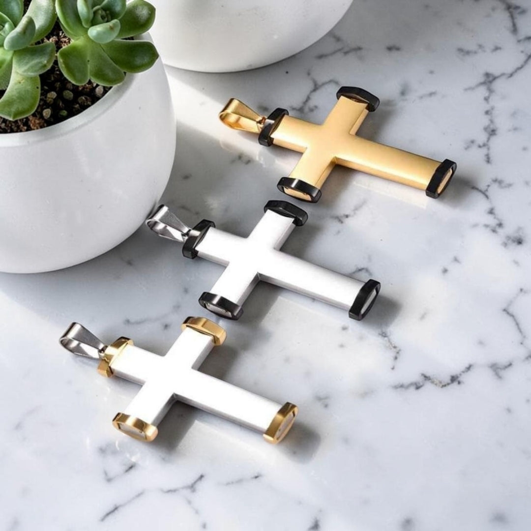 Collier homme, pendentif croix "L'Icone Horizon" variantes table plantes angles