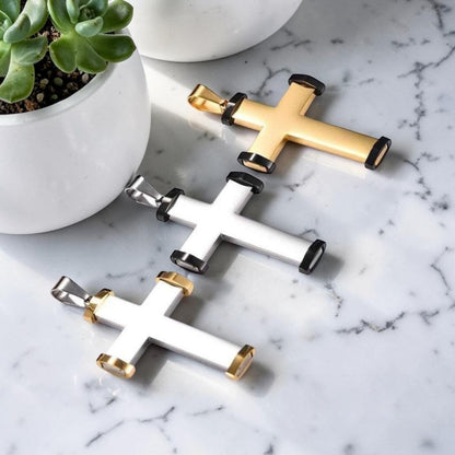 Collier homme, pendentif croix "L'Icone Horizon" variantes table plantes angles