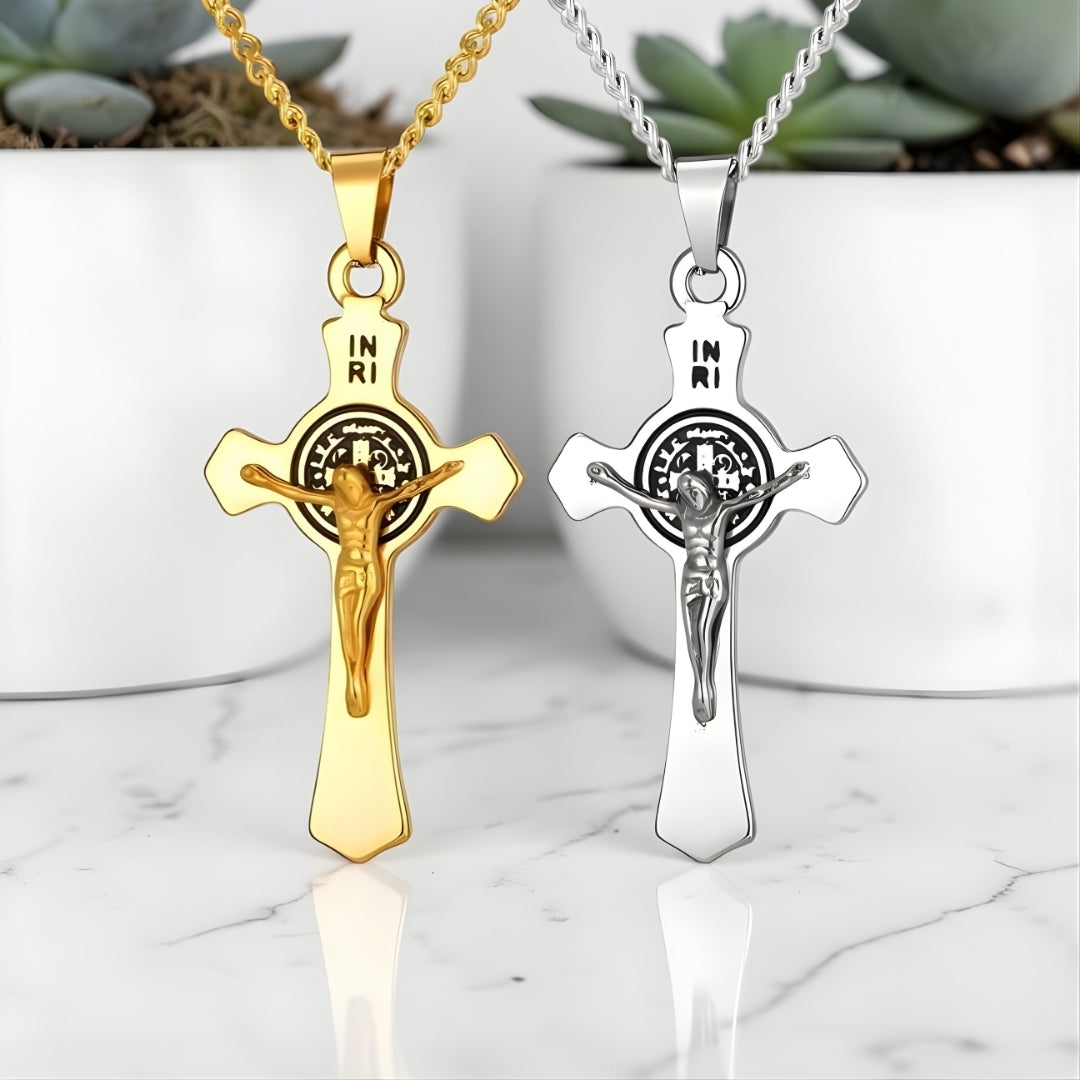Collier homme pendentif croix Le Crucifère de Saint-Benoît dore argent marbre plantes
