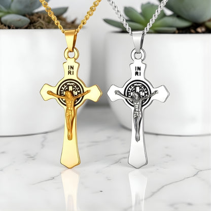 Collier homme pendentif croix Le Crucifère de Saint-Benoît dore argent marbre plantes