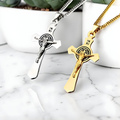 Collier homme pendentif croix Le Crucifère de Saint-Benoît dore argent marbre plantes penchés