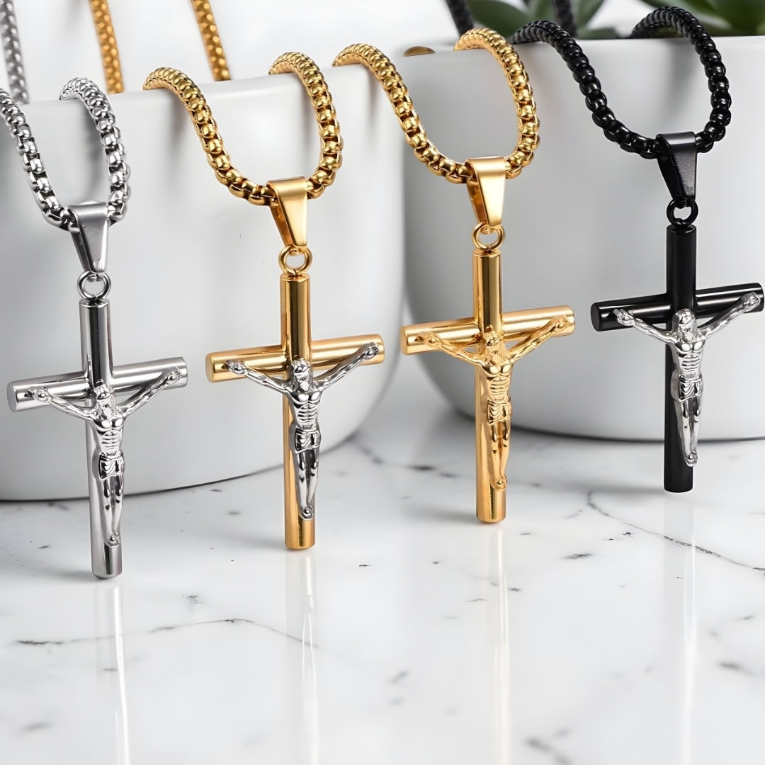 Collier homme pendentif croix "Le Crucifix des Braves"variantes argent dore dore argent noir argent