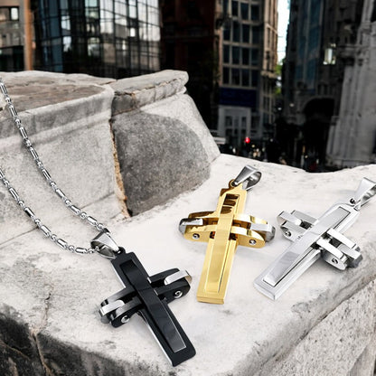 Collier homme, pendentif croix MODERN CROSS™ dore noir argent ciment