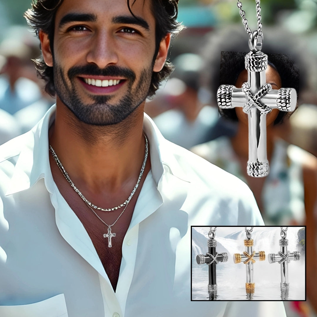 Collier homme, pendentif croix ROPICROSS™ argent argent chemise blanche foule