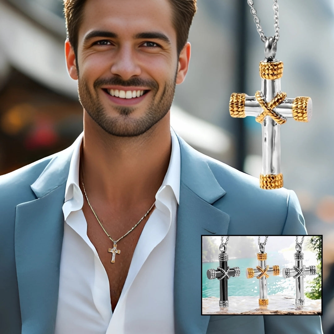 Collier homme, pendentif croix ROPICROSS™ argent dore blouson bleu