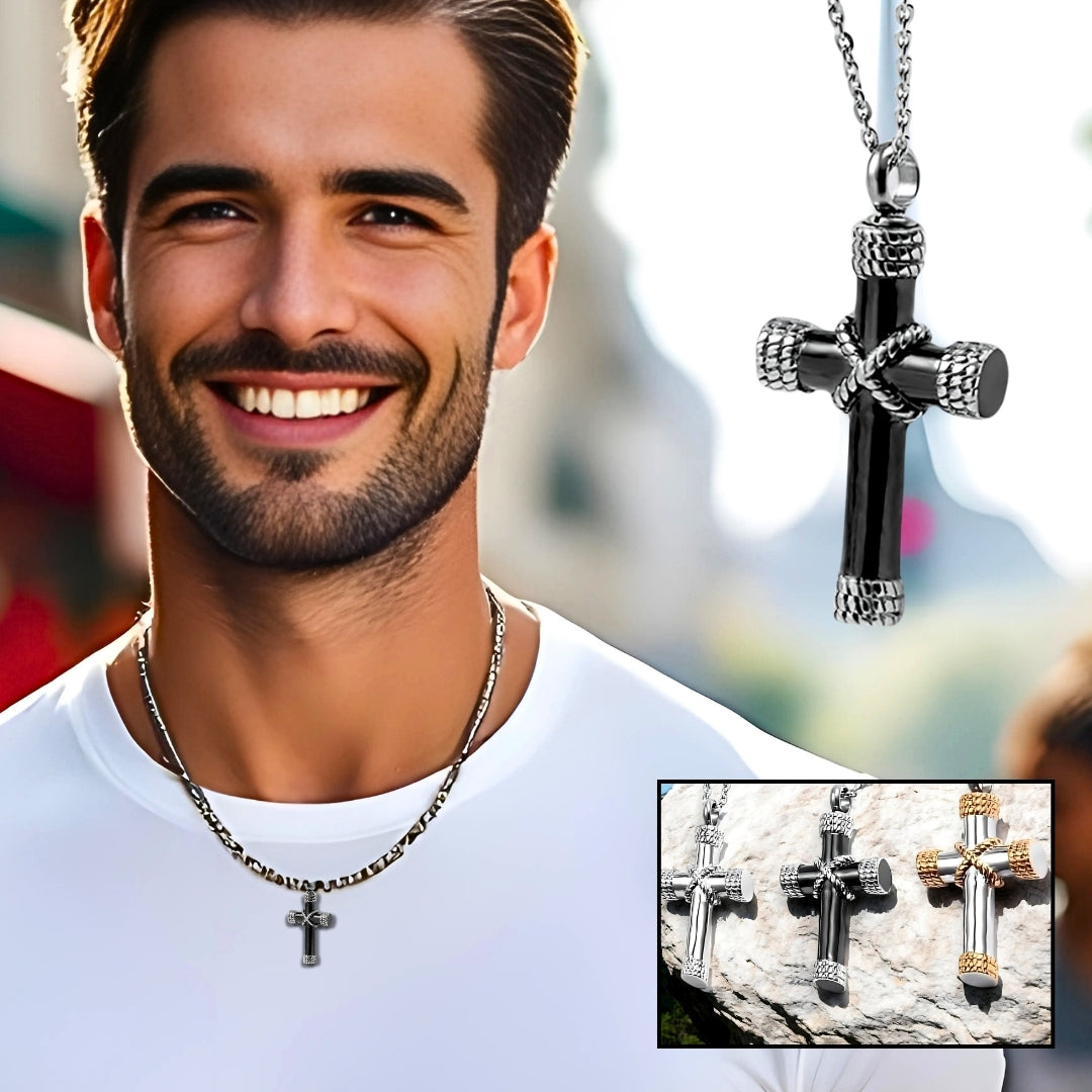 Collier homme, pendentif croix ROPICROSS™ argent noir t-shirt blanc 