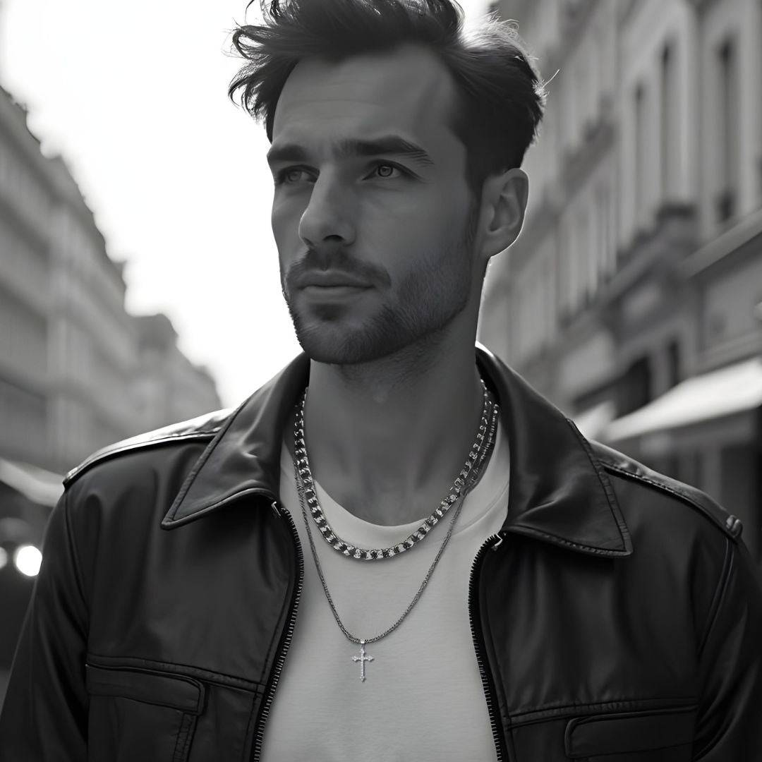 Collier homme, pendentif croix STRASSCROSS™ t-shirt blanc veste cuir batiments