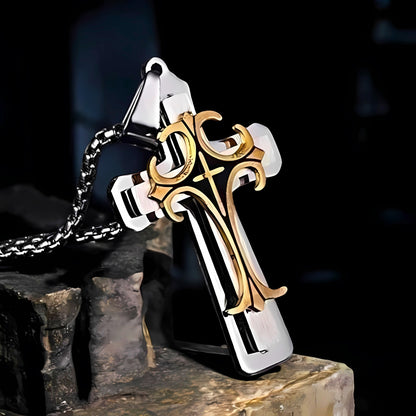 Collier homme, pendentif croix TRIPLE CROSS™tricolore sur pierre eglise 