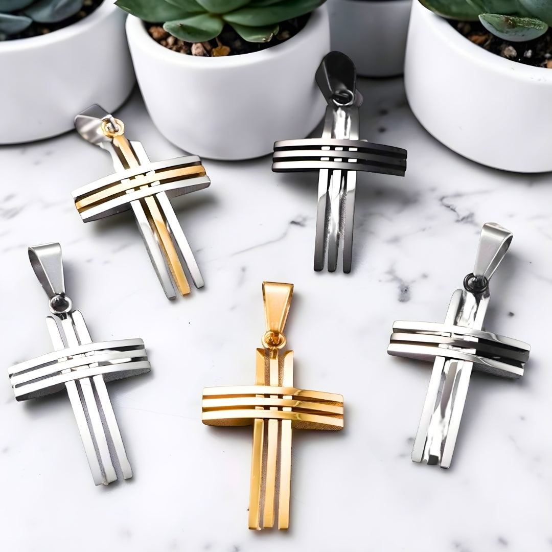 Collier homme pendentif croix "Trinité Moderne" croix sans chaine couchées marbre