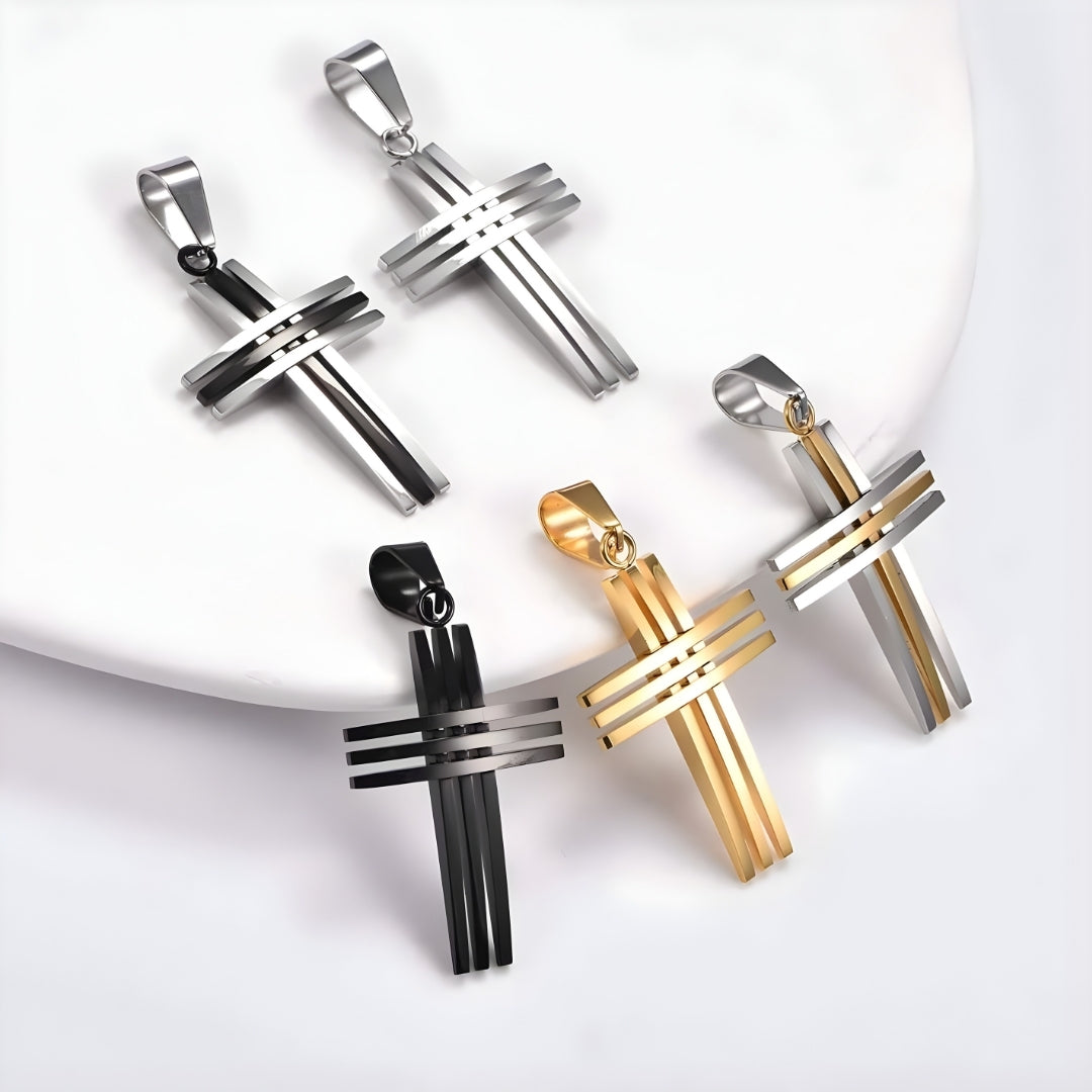 Collier homme pendentif croix "Trinité Moderne" croix sans chaine couchées presentation differente