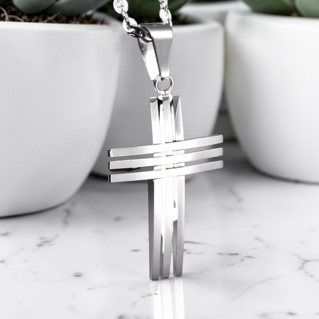 Collier homme pendentif croix "Trinité Moderne" variante argent