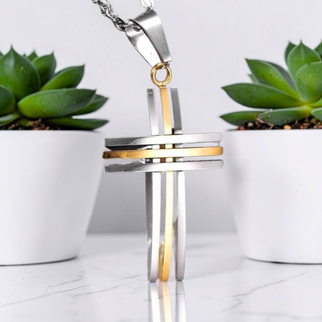Collier homme pendentif croix "Trinité Moderne" variante argent dore bicolore