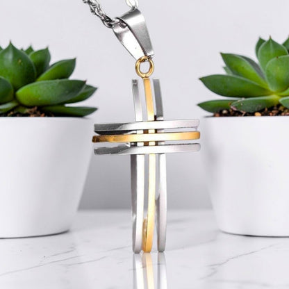 Collier homme pendentif croix "Trinité Moderne" variante argent dore bicolore