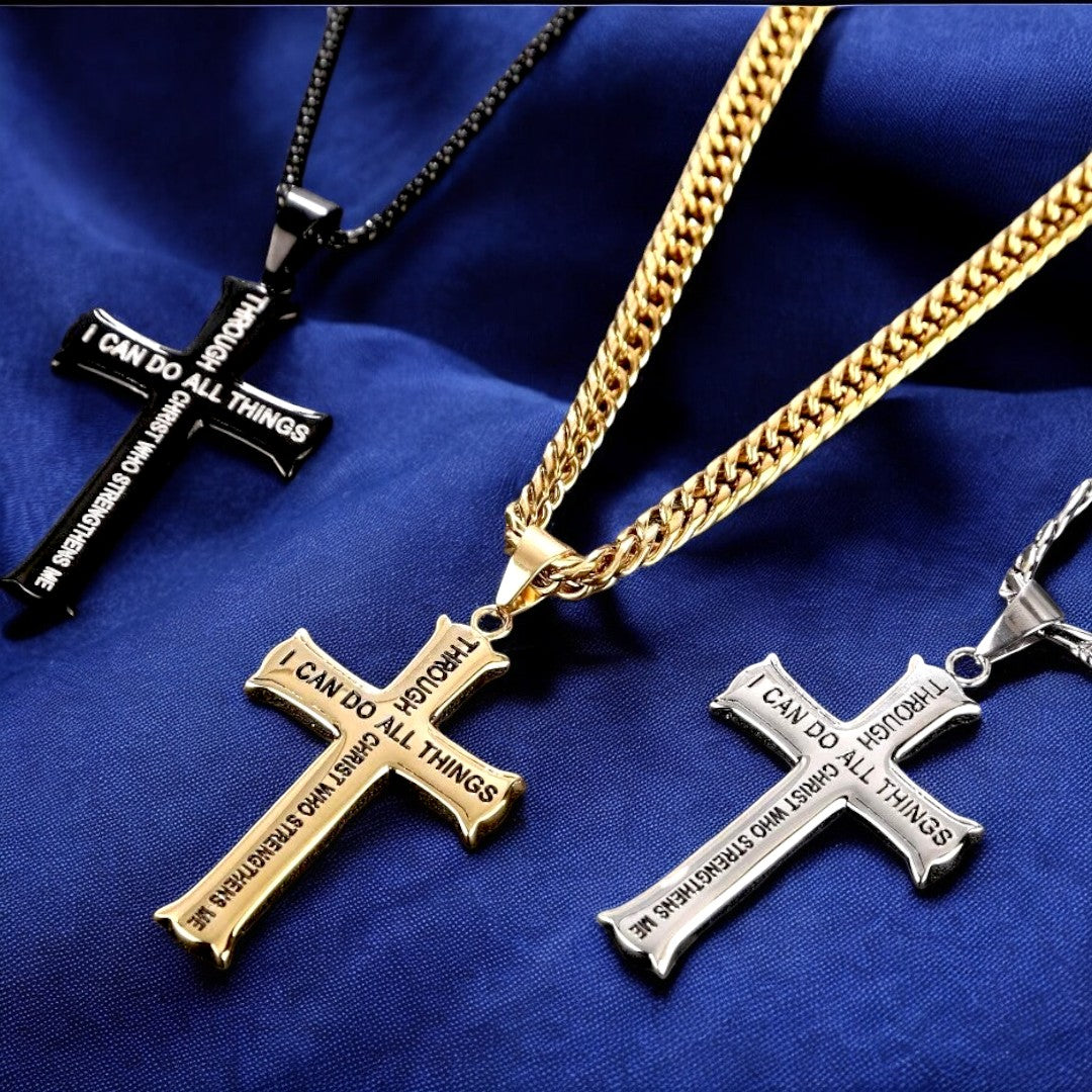 Collier homme, pendentif croix VERSECROSS argente doree noire tissu bleu