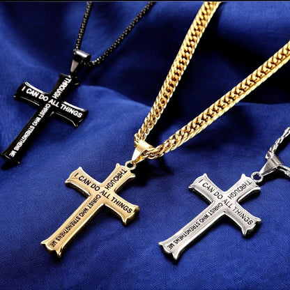 Collier homme, pendentif croix VERSECROSS argente doree noire tissu bleu