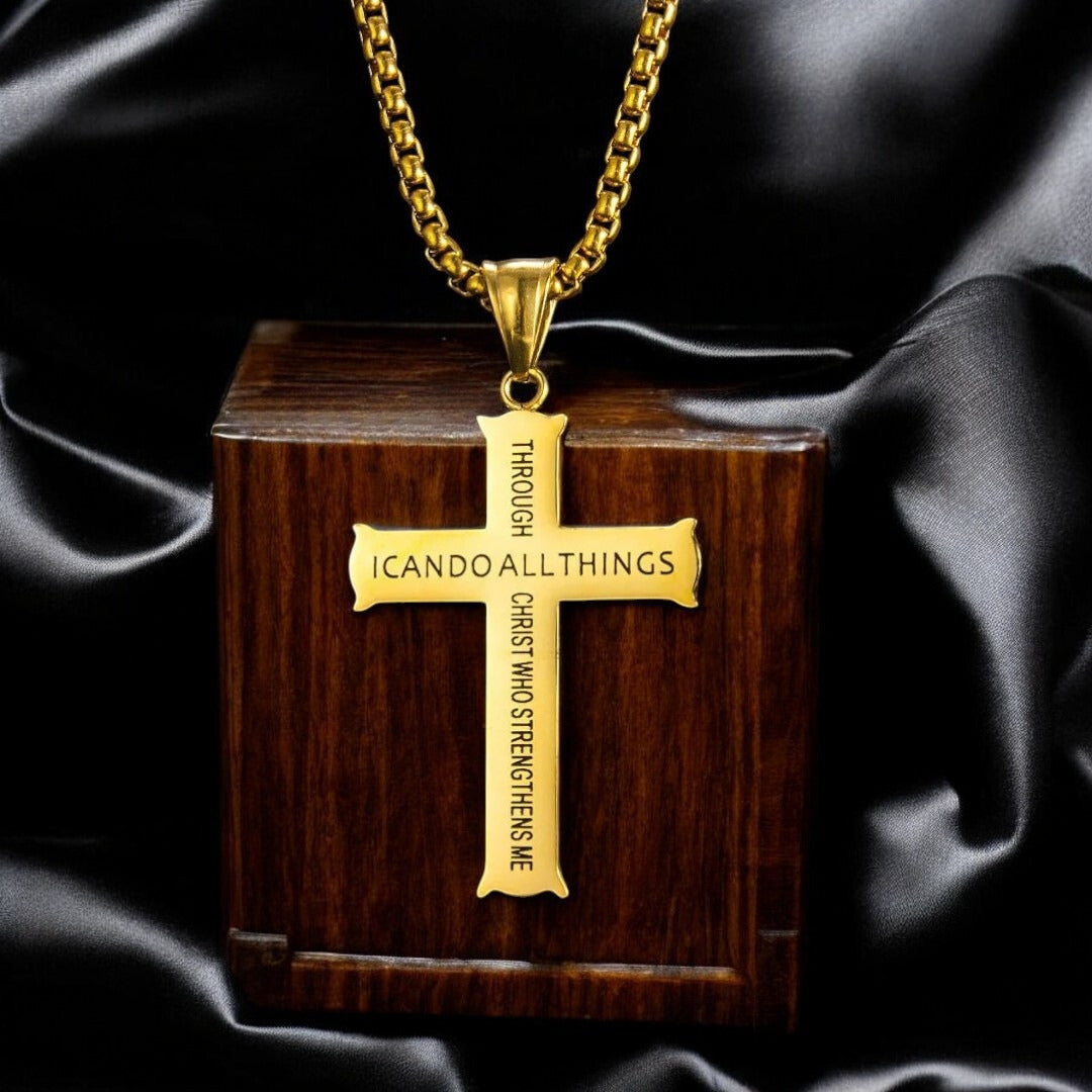 Collier homme, pendentif croix VERSECROSS doree boite