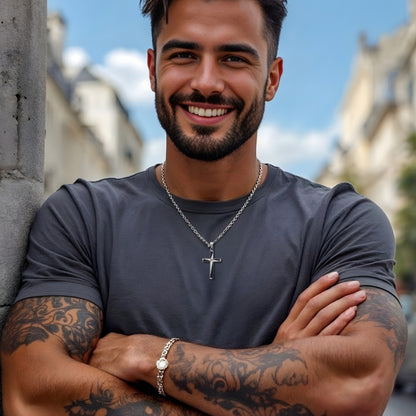 Collier homme, pendentif croix "X-Factor" argent t shirt gris 