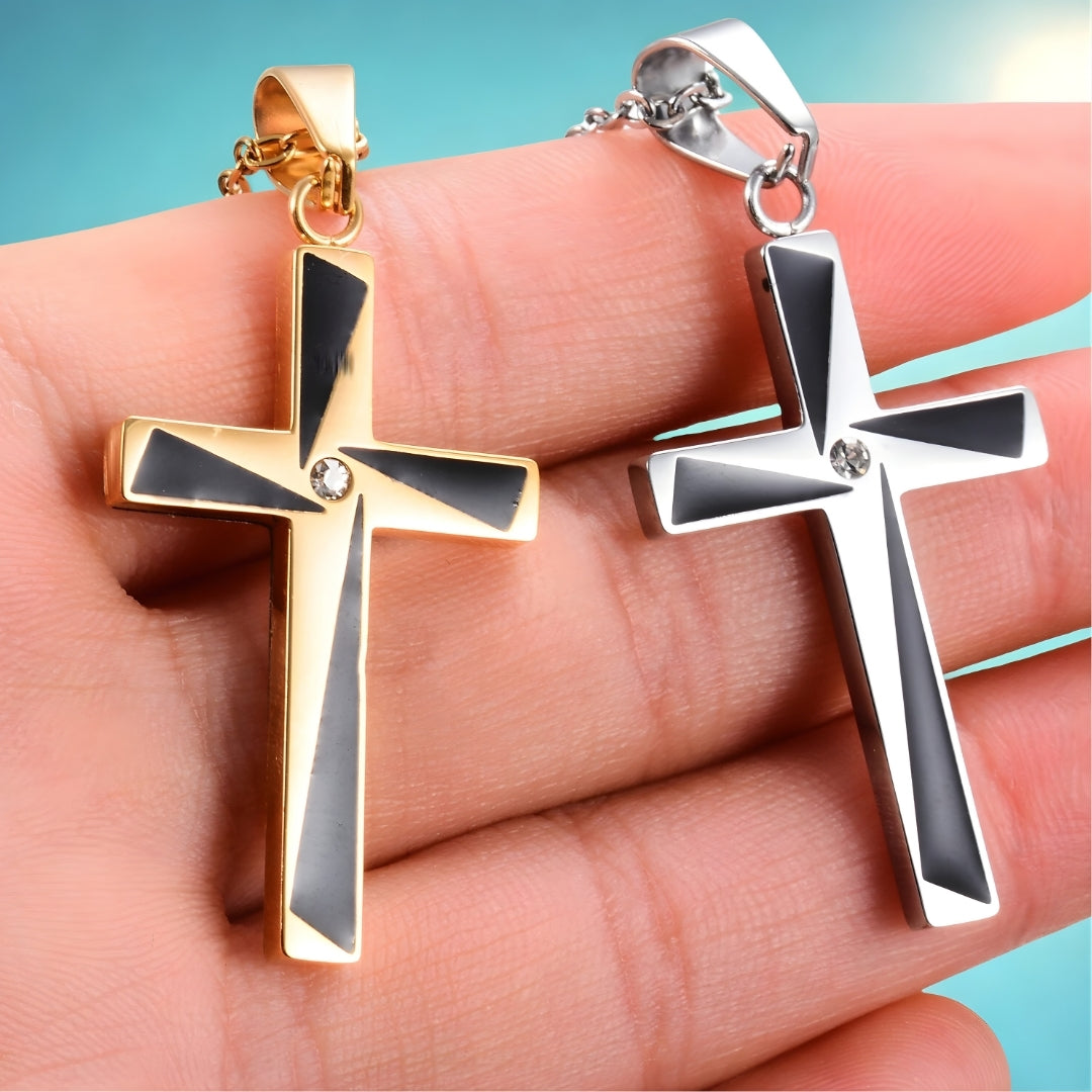Collier homme, pendentif croix "X-Factor" dore argent main