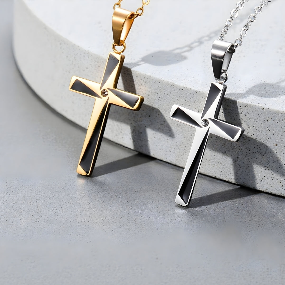 Collier homme, pendentif croix "X-Factor" dore argent presentation 