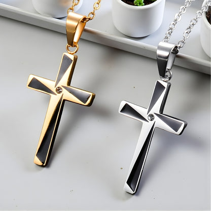 Collier homme, pendentif croix "X-Factor" dore argent table marbre plantes