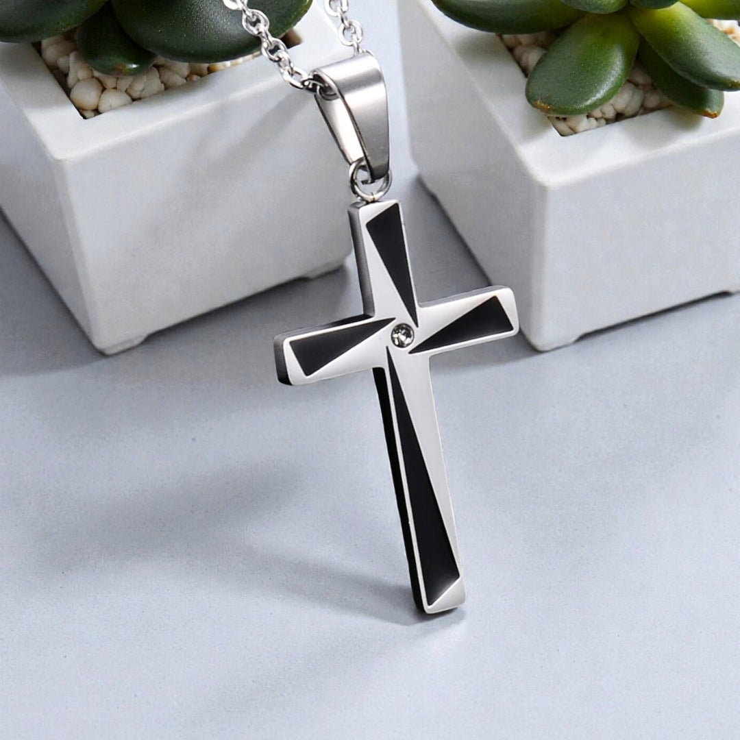 Collier homme, pendentif croix "X-Factor" variante argent
