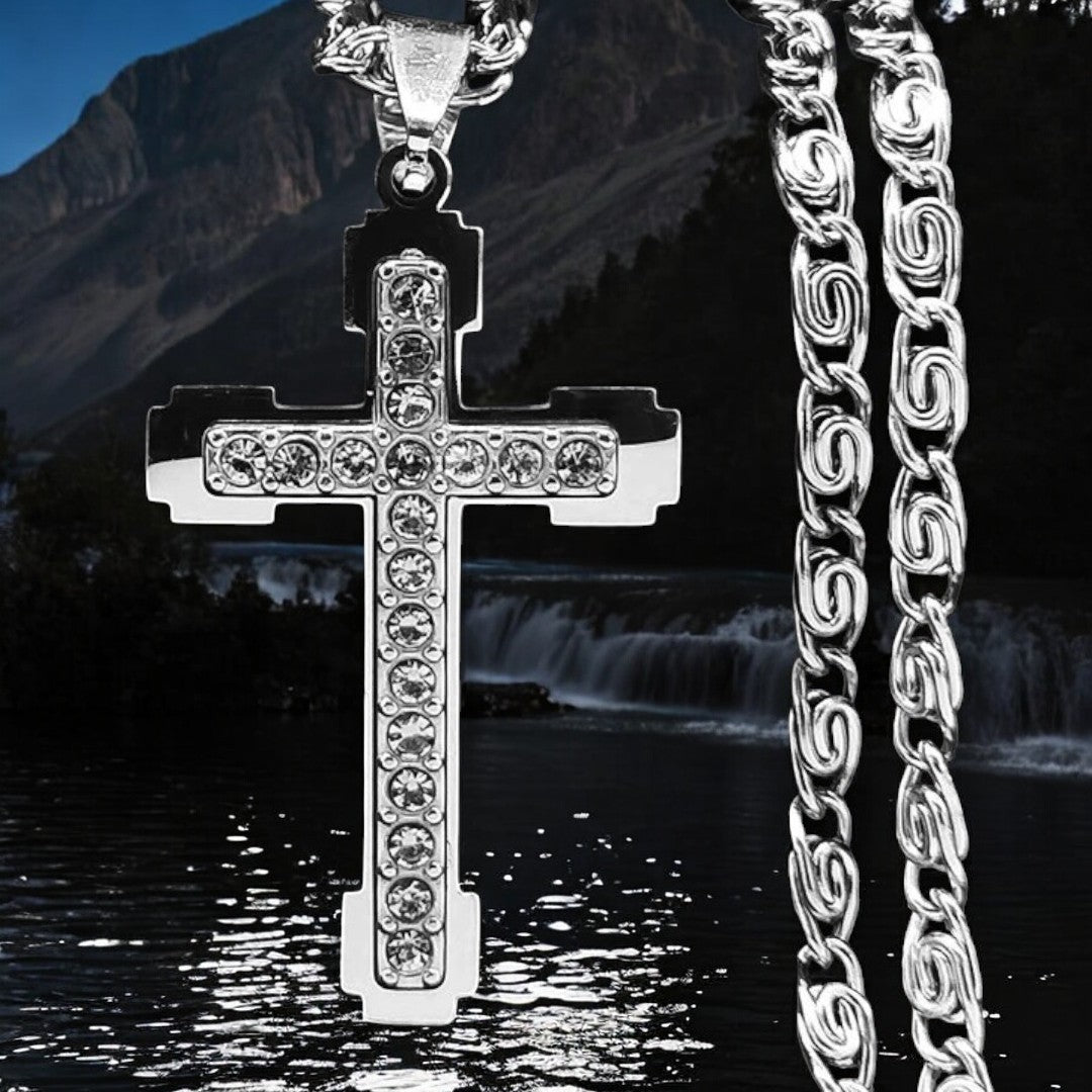  Collier homme, pendentif croix ZIRCOCROSS III argentee variante avec zircons chaine byzantine