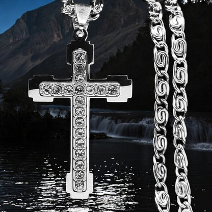  Collier homme, pendentif croix ZIRCOCROSS III argentee variante avec zircons chaine byzantine