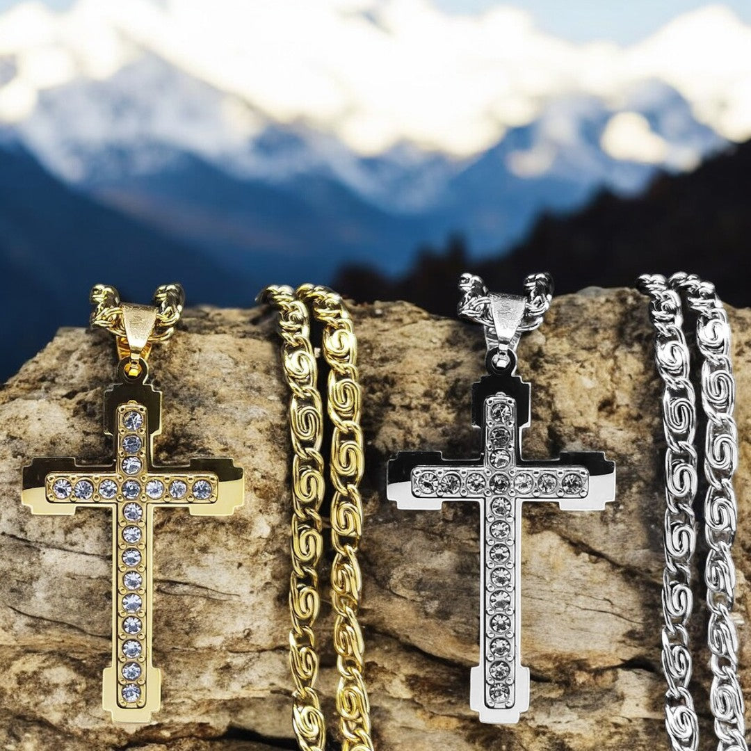  Collier homme, pendentif croix ZIRCOCROSS III doree argentee pierre montagnes