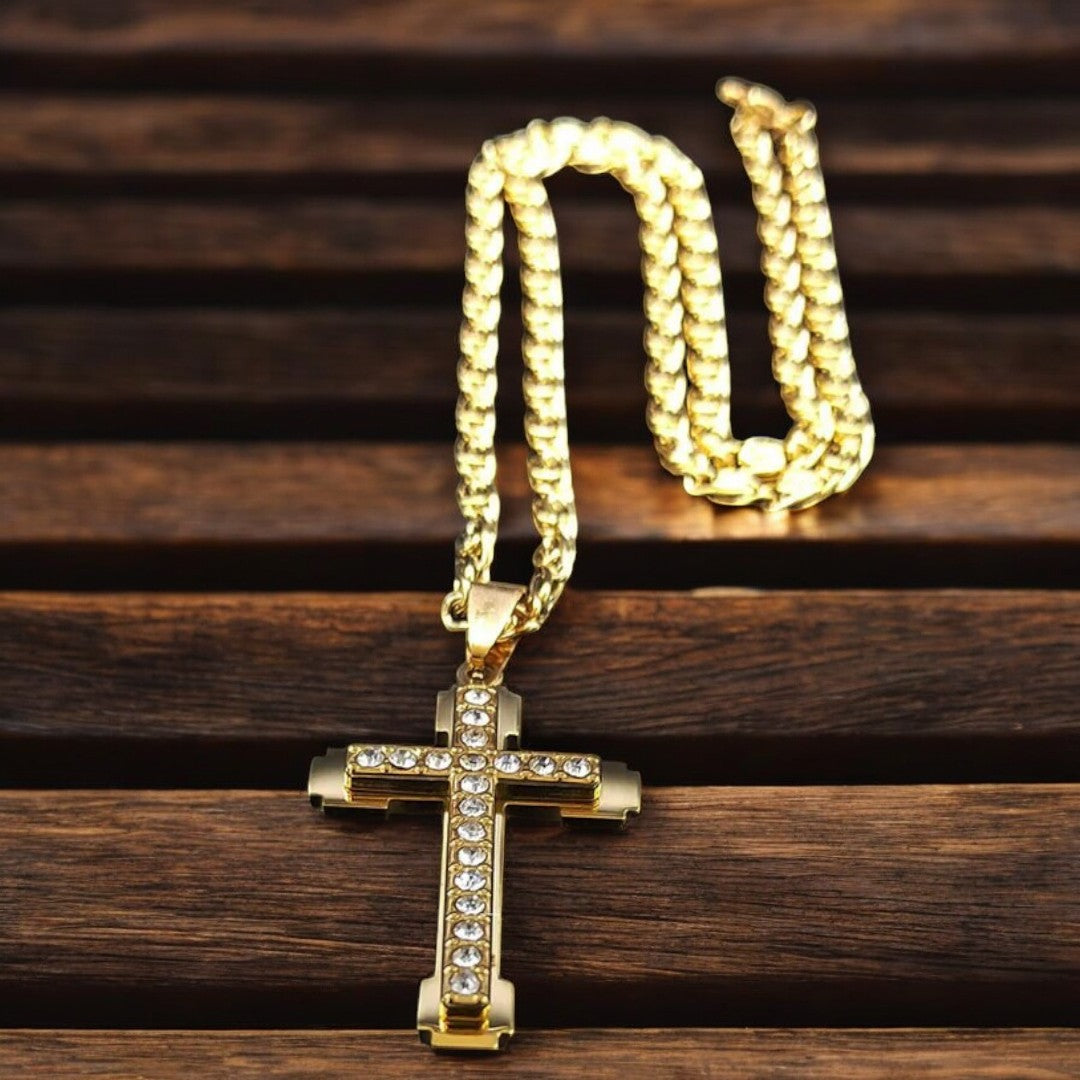  Collier homme, pendentif croix ZIRCOCROSS III doree avec zircons chaine byzantine bois