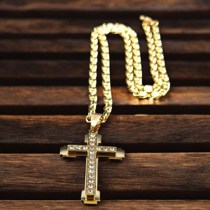  Collier homme, pendentif croix ZIRCOCROSS III doree avec zircons chaine byzantine bois