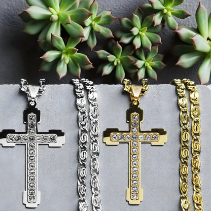 Collier homme, pendentif croix ZIRCOCROSS III variantes doree argentee plantes chaines byzantines