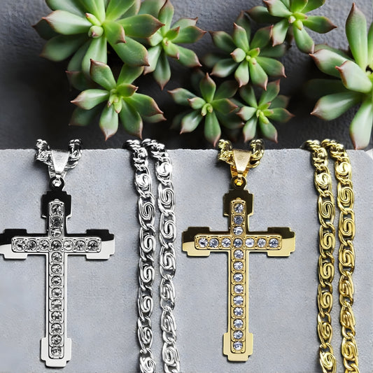 Collier homme, pendentif croix ZIRCOCROSS III variantes doree argentee plantes chaines byzantines