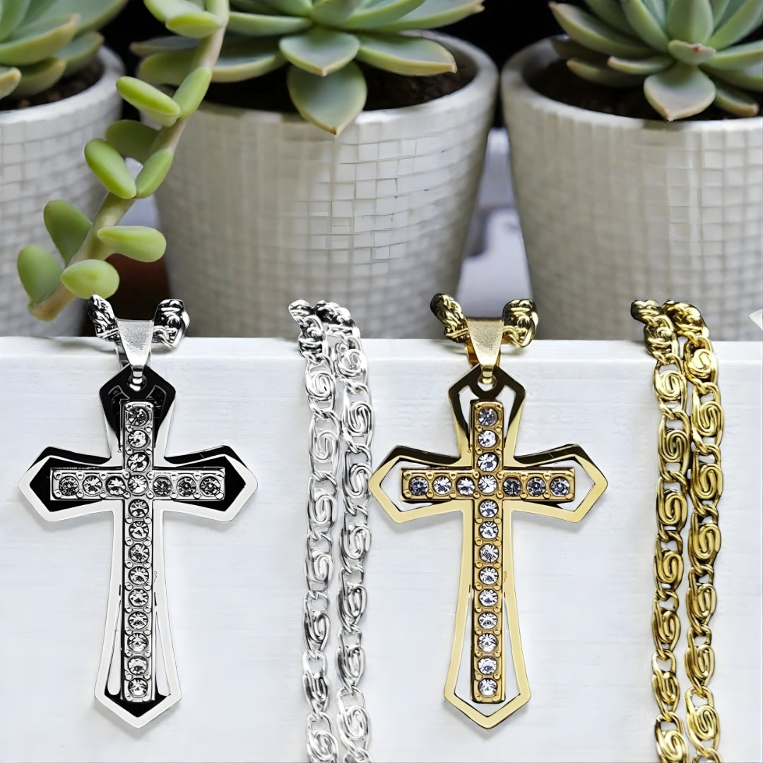 Collier homme, pendentif croix ZIRCOCROSS II ™ argent dore plantes 