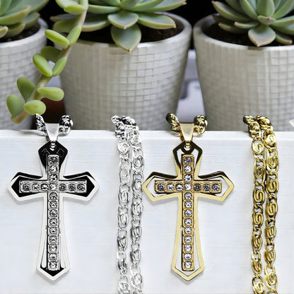 Collier homme, pendentif croix ZIRCOCROSS II ™ argent dore plantes 