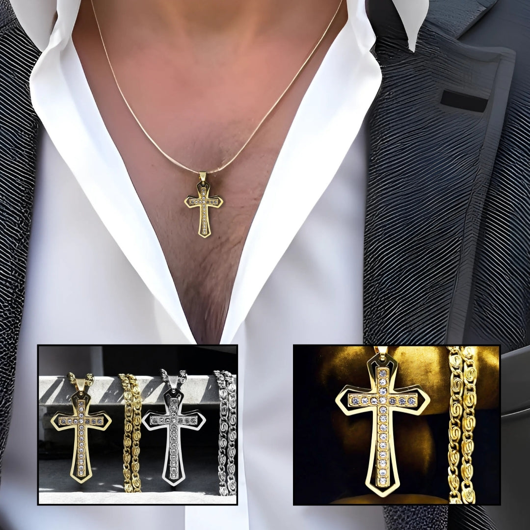 Collier homme, pendentif croix ZIRCOCROSS II ™ doree veston chemise blanche